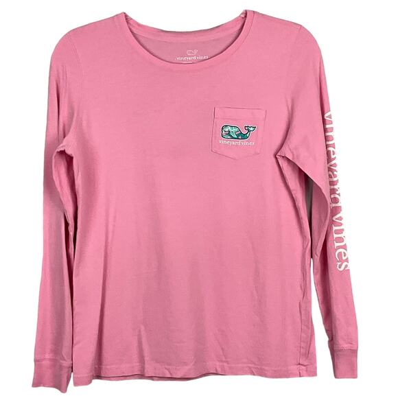VINEYARD VINES Long Sleeve Pocket Tee Shirt Pink Whale Turtle Print Logo sz XS - Picture 2 of 7